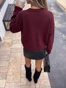 Knit Mix Women's Autumn/Winter Fashion Elegant Casual Home Basic Minimalist Loose Solid Color Knit Round Neck Long Sleeve Cardigan Sweater Top Fall - Red - View 2