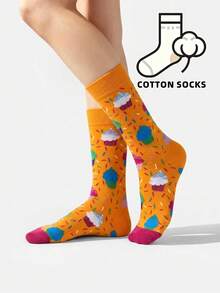 1 Pair Unisex Cake Print Cotton Mid-Calf Socks, Soft Comfortable Cute Food Pattern, Suitable For Men And Women - Multicolor - View 2