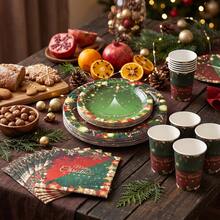 10/20/50/80 Pcs,Merry Christmas Disposable Party Tableware Kit,Pine Branch Golden Snowflake Gift Box 7 Inch & 9 Inch Paper Plates Napkins And Cups,Festive Holiday Table Decor For Pre-Xmas Family Feast,Winter Wonderland Gathering - Multicolor - View 2