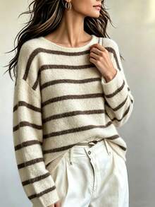 Women's Early Autumn Contrast Striped Sweater, Round Neck Dropped Shoulder Loose Fit, Soft Knit Pullover Top, Casual Commute Daily Wear - Camel - View 3