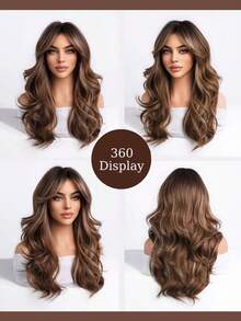 18 Inch Long Wavy Wig, Brown And Gold Highlights, Breathable Mesh Cap, Heat-Resistant Synthetic Fiber Wig, Suitable For Daily Commute, Halloween And Christmas Parties - Multicolor - View 8