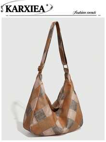 1pc PU Leather Bag, Fashionable Large Capacity Handbag, Vintage Distressed Women's Bag, Colorblock Patchwork Shoulder Bag, Underarm Bag, Versatile Crossbody Bag - Multicolor - View 1