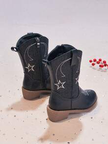 Kids Western Style Mid-Calf Boots With Star Embroidery, Perfect For Stage Shows, Party Gatherings And Weekend Trips - Black - View 3