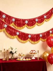 2Pcs Red Gold Scalloped Layered Fringe Banner,Christmas Decorations For Home,6.5 Ft Christmas Wavy Tinsel Fringe With Snowflake Decor For Fireplace Mantel, Window, Tree, Holiday & Birthday Party Home Decoration - View 3