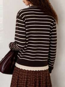Cardigan Rajut Leher V 2-in-1 Bergaris Klasik Elegan Kasual Musim Gugur untuk Wanita - Coffee Brown - View 2
