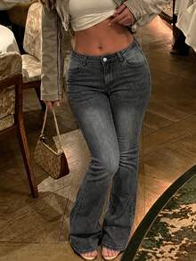 Women's Vintage Distressed Slim Fit Flare Leg Jeans - Grey - View 2