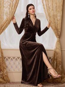 Women's Charming Brown Knitted Long Sleeve Cocktail Dress, Overlap Collar Twisted Front High Slit, Elegant Formal Gown - Coffee Brown - View 8