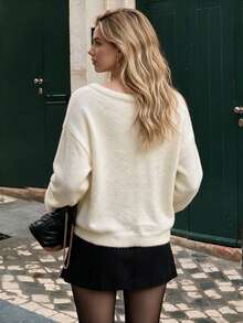 NOVELLE Women's Elegant Cream White One-Shoulder Faux Mink Knit Sweater, Slouchy Pullover, Suitable For Autumn/Winter Dating, Party, Daily Commute, Street Wear - Apricot - View 3