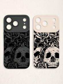 2pcs Vintage Skull & Flower Print Phone Cases, Dark Style Phone Cases, Black & White Phone Cases, Compatible With IPhone & Galaxy Phones, Phone Protective Covers - Multicolor - View 46