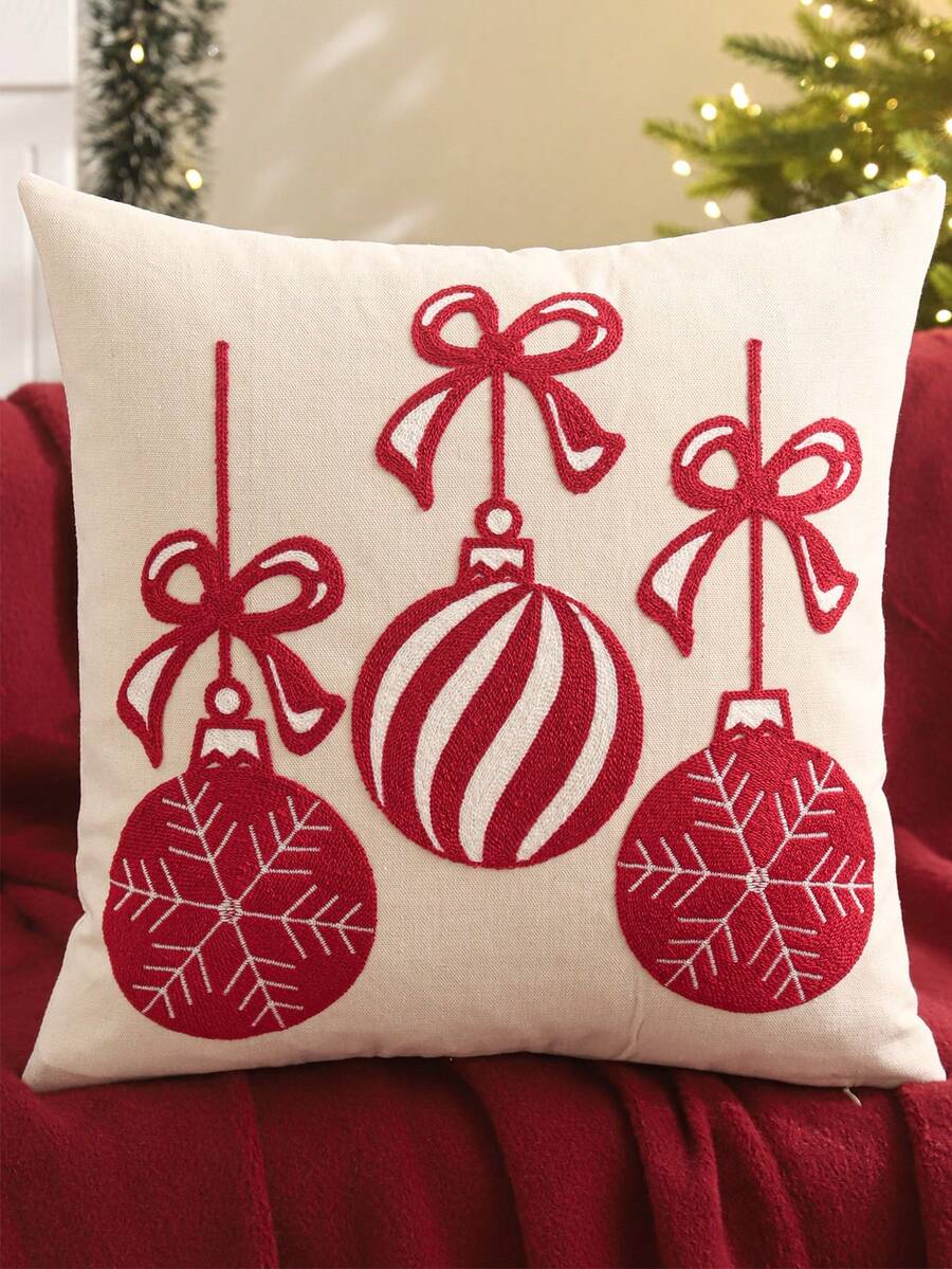 1 buah/2 buah Sarung Bantal Dekoratif Natal Bordir Kanvas Pita Lonceng Sofa Ruang Tamu Kamar Tidur Dekorasi Rumah Pesta Hadiah Liburan