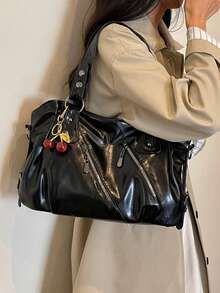 Fashion Solid Color PU Shoulder Tote Bag With Pendant Decoration, Suitable For Women Shopping, Commuting And Daily Use - Black - View 5