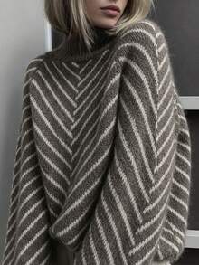 2026 New Women's Two Tone Striped High-Neck Knit Cardigan Sweaters Bell Sleeves Fall Clothes For Women Fall Outfit Cardigan For Women Fall Tops - Dark Grey - View 6