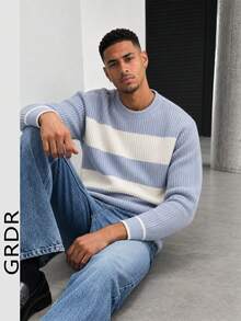 GRDR 1pc Men's Autumn/Winter Casual Colorblock Knit Top - Dusty Blue - View 1