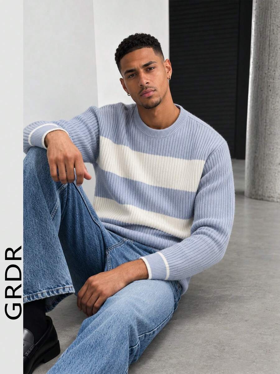 GRDR 1pc Men's Autumn/Winter Casual Colorblock Knit Top - Dusty Blue - View 1