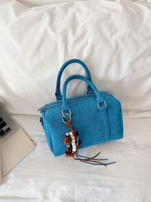 Handbag Cylinder Shape, Dual Short Handles, Detachable Long Shoulder Strap, Comes With Handmade Beaded Charm. Textured Body, Zipper Closure, Compact And Structured, Can Be Carried By Hand Or Worn Crossbody, Vintage And Eye-Catching, Suitable For Daily Outings And Dates. - Blue - View 4