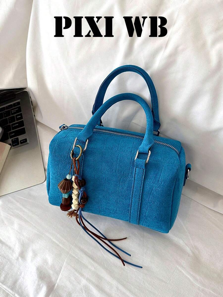 Handbag Cylinder Shape, Dual Short Handles, Detachable Long Shoulder Strap, Comes With Handmade Beaded Charm. Textured Body, Zipper Closure, Compact And Structured, Can Be Carried By Hand Or Worn Crossbody, Vintage And Eye-Catching, Suitable For Daily Outings And Dates. - Blue - View 1