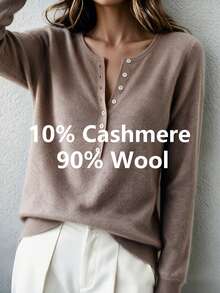 HEYMINI Women's New Soft Wool Sweater, Round Neck Long Sleeve Knit Base Layer Top, Button Half-Open Collar Design, Suitable For Autumn/Winter Outfits - Maroon - View 2