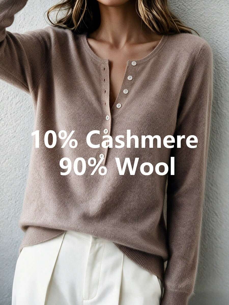 HEYMINI Women's New Soft Wool Sweater, Round Neck Long Sleeve Knit Base Layer Top, Button Half-Open Collar Design, Suitable For Autumn/Winter Outfits - Maroon - View 1