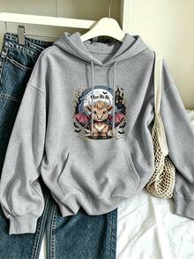 Hoodie Halloween Ukuran Besar Wanita Motif Banteng Dataran Tinggi dan Kelelawar dengan Tali Serut dan Kantong, Sempurna untuk Pakaian Santai Liburan di Musim Gugur dan Musim Dingin. - Grey - View 1