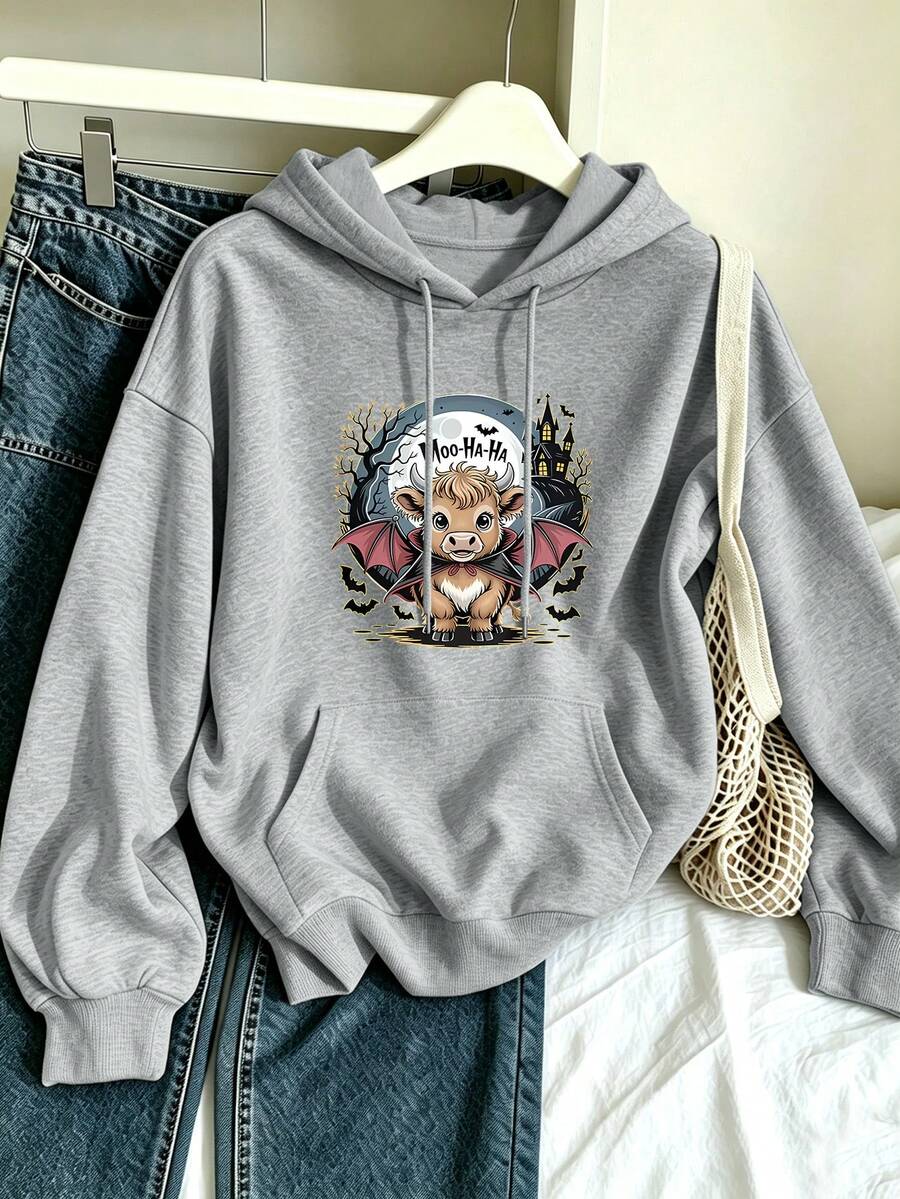 Hoodie Halloween Ukuran Besar Wanita Motif Banteng Dataran Tinggi dan Kelelawar dengan Tali Serut dan Kantong, Sempurna untuk Pakaian Santai Liburan di Musim Gugur dan Musim Dingin. - Grey - View 1