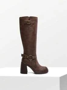 Women's Chunky Heel Platform Knee-High Boots Square Toe Side Zipper Adjustable Straps Buckle Decorated Motorcycle Riding Boots - Brown - View 6