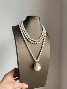1pc Elegant Luxury Faux Pearl Long Pendant Necklace, Suitable For Women's Daily And Party Wear, Ideal Gift For Friends - Off-white - View 5