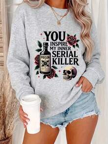 Women's Loose Sweatshirt, Soft Crew Neck Casual Top, Long Sleeve With Creative Letter Print, Machine Washable, Versatile Fall Winter Must-Have - Light Grey - View 7