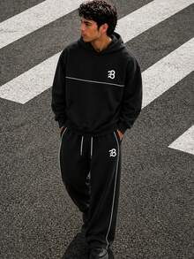 Zrgoth Men's High Street Colorblock Line Print Sportswear Set, With "B" Star Pattern Print, Loose Hoodie And Wide Leg Drawstring Sweatpants 2 Pieces Set - Black - View 1