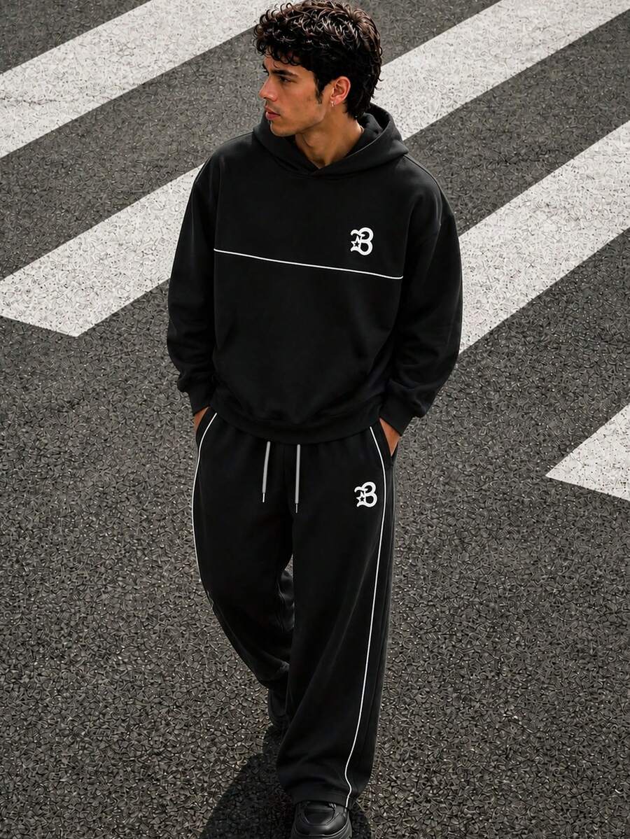 Zrgoth Men's High Street Colorblock Line Print Sportswear Set, With "B" Star Pattern Print, Loose Hoodie And Wide Leg Drawstring Sweatpants 2 Pieces Set - Black - View 1