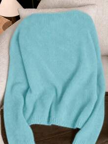 Women's Spring Autumn Loose Soft Cozy Slouchy Minimalist Versatile Fashion Solid Color Knit Top Outerwear Base Layer Daily Outfit - Mint Blue - View 6
