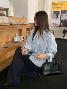 Elegant V-Neck Patchwork Ruffle Loose Fit Solid Color Bell Sleeve Blouse For Women - Baby Blue - View 4