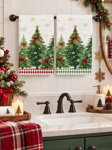 2pcs Christmas Decorative Hand Towels, Watercolor Christmas Tree Pine Tree Red Bow Gold Star Snowflake Print, Red And Green Plaid Hem, Kitchen Bathroom Towels, Farmhouse Winter Holiday Home Decor - Multicolor - View 8