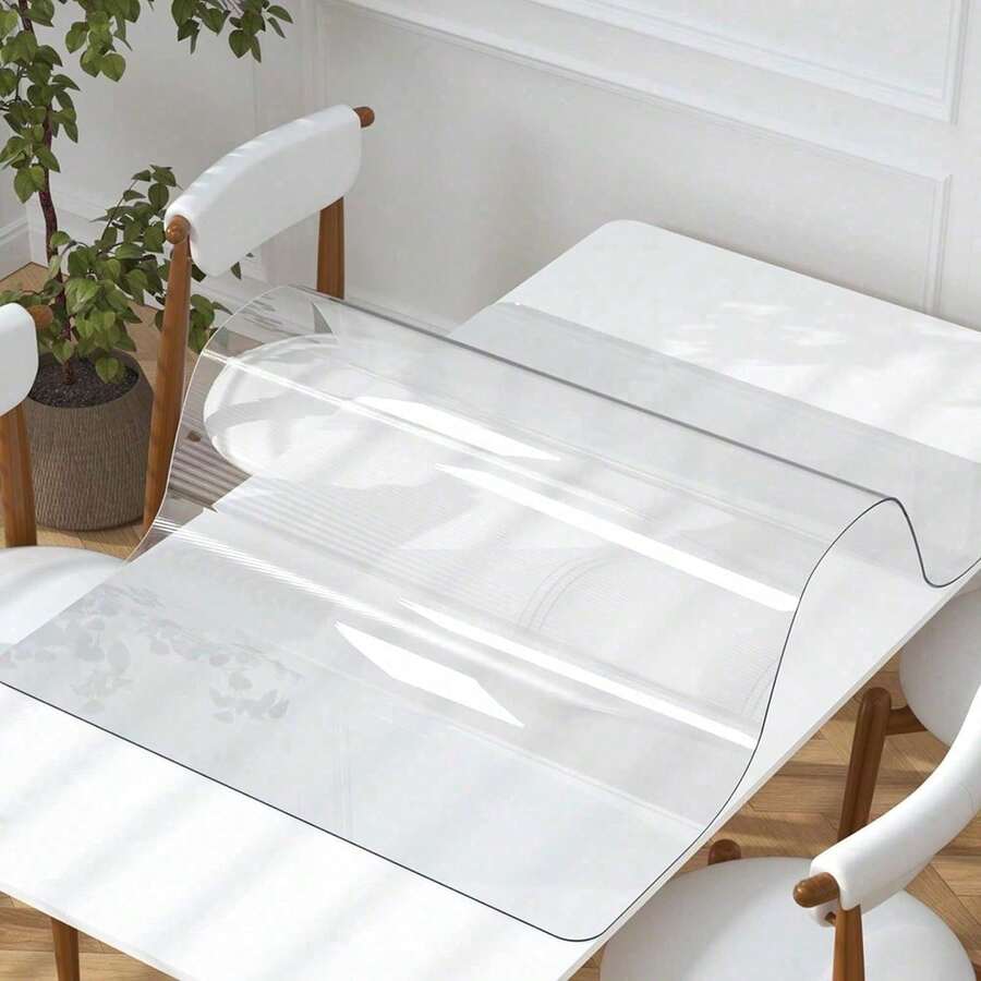 1 buah Taplak Meja PVC Transparan Tebal 0,25mm - Tahan Gores dan Tahan Panas, Pelindung Permukaan Meja - Sempurna untuk Penggunaan di Rumah, Kantor, dan Hotel - Desain Persegi Elegan, Taplak Meja - Putih - View 1