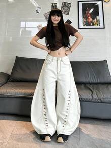 1pc Japanese Street Style Women's Patchwork Button Curved Leg Loose Wide Leg Comfortable All Season Denim Jeans Long Pants (This Product Does Not Include Belt/Accessories) - White - View 6