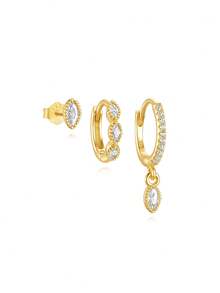 3pcs Asymmetrical Zirconia 925 Sterling Silver Single Earring, Women's Ins Style Pierced Hoop Earrings, Suitable For Wedding Bride Holiday Gift Jewelry - Gold - View 7
