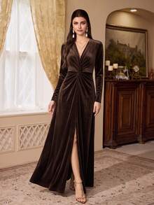 Women's Charming Brown Knitted Long Sleeve Cocktail Dress, Overlap Collar Twisted Front High Slit, Elegant Formal Gown - Coffee Brown - View 4