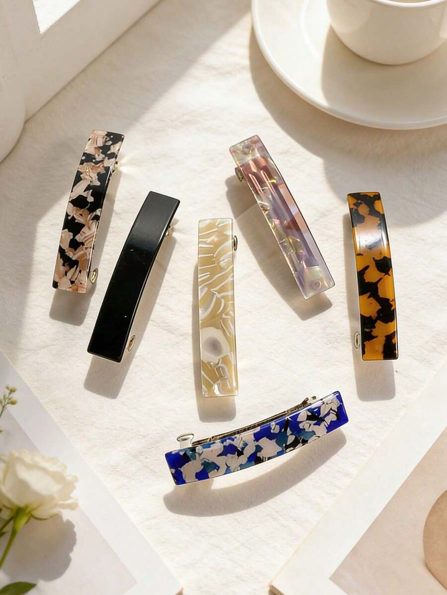 6pcs Acetate Spring Hair Clips, Acetate Back Of Head Hair Clips, Spring Hair Clips, Straight Clips, Horizontal Clips, Ponytail Hair Clips, Bangs Side Clips, Top Clips - Multicolor - View 1