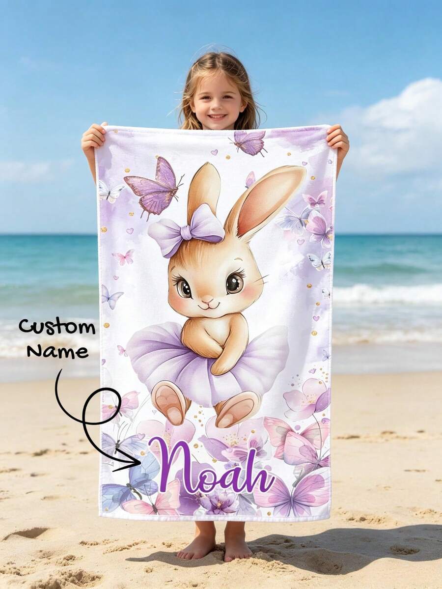 Custom Name Purple Ballerina Bunny Beach Towel, Soft Quick-Dry Single-Sided Towel, Violet Bow Heart Rabbit Pattern For Beach Pool, Girls Birthday Gift - Multicolor - View 1