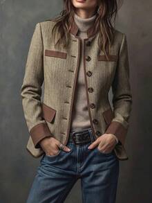 Tweed Stand Collar Cinched Waist Cropped Blazer, Contrast Trim Single-Breasted Long Sleeve Slim Fit Jacket, Mature Vintage Style Short Blazer, Suitable For Office Commute, Girls Gathering, Casual Date - Brown - View 4