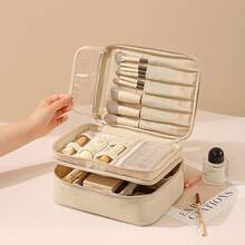 Double Layer Partitioned Makeup Bag, Large Capacity Portable Handheld Cosmetic Bag, Detachable 4-Section Storage, Makeup Brush Slot, Mesh Pocket, Mask Compartment, Travel And Home Skincare And Cosmetic Organizer - Multicolor - View 2