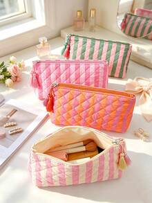 Striped Quilted Make Bag With Tassel Zipper, Large‑Capacity Makeup Pouch, Travel Toiletry Storage Organizer, Cash Coin Purse,Card Holder; Clutch Bag - Multicolor - View 2