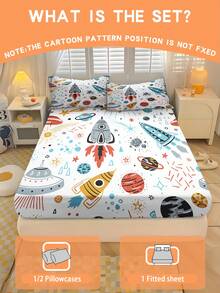 2/3PCS Cartoon Rocket UFO Fitted Sheet Set Soft Breathable Bedding For All Seasons Twin/Full/Queen 100% Polyester Machine Washable - Multicolor - View 1