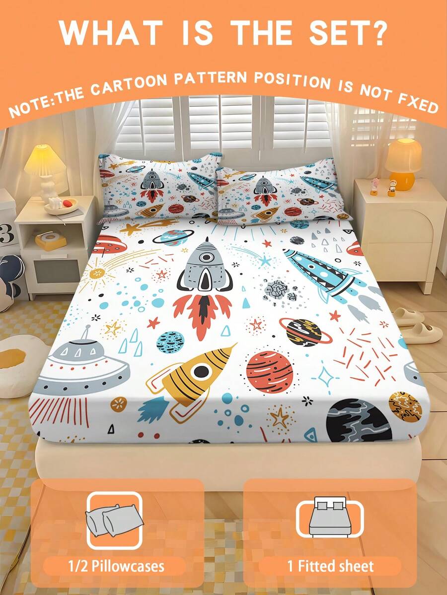 2/3PCS Cartoon Rocket UFO Fitted Sheet Set Soft Breathable Bedding For All Seasons Twin/Full/Queen 100% Polyester Machine Washable - Multicolor - View 1