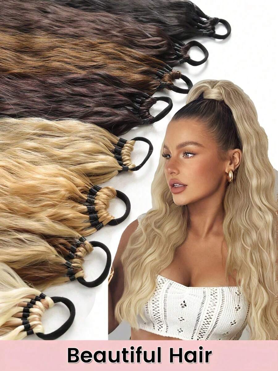 24Inch Synthetic Long Curly Ponytail With Elastic Hair Rope Hair Extensions Fashionable Daily Use Party Hair Accessories Synthetic Long Soft-Touch Fake HairPieces Ponytail Extensions Corn Curly High Temperature Fiber Hair Extension For Women Daily - Multicolor - View 1