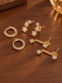 6pcs Simple Copper Zirconia Hoop Earrings Set For Women, Couples, Sisters, Holiday, Daily Matching - Earring Set - View 4