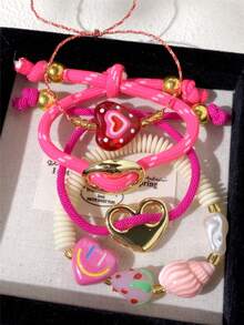 Vibrant Color, Unique Design Seashell Strawberry Heart Smiling Face Beaded Elastic Bracelet Adjustable Wristband, Suitable For Daily, Party, Wedding Wear, Gift For Friends - Multicolor - View 2