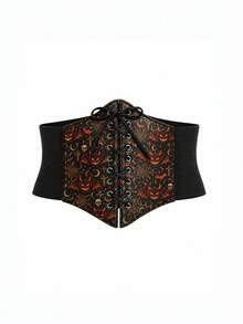 1pc Halloween Devil Pumpkin Skull Random Pattern Print Elastic Waistband For Women, Sweet & Cool Fun Style Slimming Waist Belt, Party Decoration Accessory - Black Pumpkin Skull - View 1