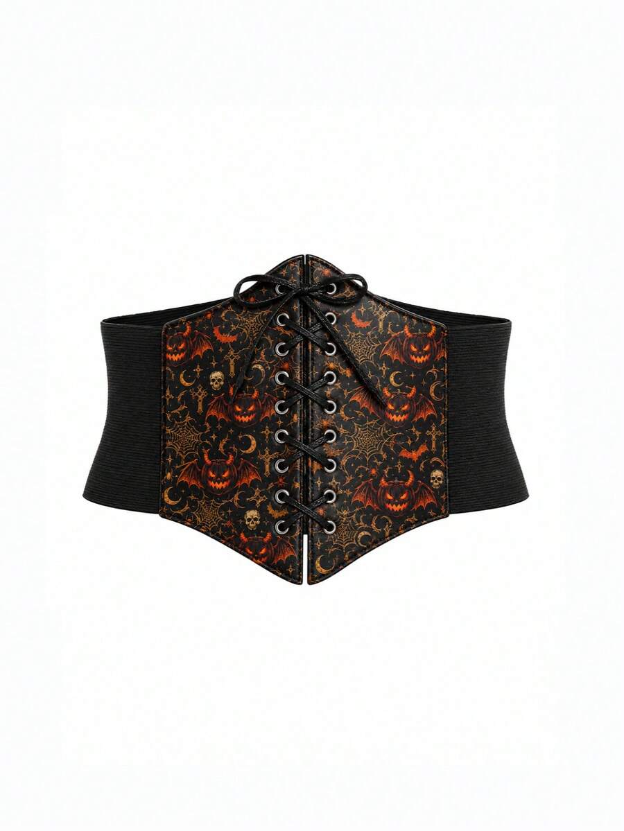 1pc Halloween Devil Pumpkin Skull Random Pattern Print Elastic Waistband For Women, Sweet & Cool Fun Style Slimming Waist Belt, Party Decoration Accessory - Black Pumpkin Skull - View 1