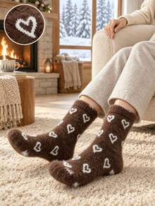 5 Pairs Unisex Heart Couple Fuzzy Crew Floor Socks, Vintage Star Jacquard Faux Mink Fur Warm Knit Socks, Stretch Rib Cuff Cozy Thermal Home Sleeping - Multicolor - View 10