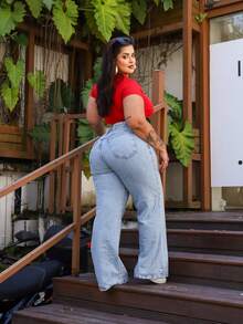 Calça Wide Leg Feminina jeans Plus Size em Algodão – Modelagem Ampla e Confortável". - LAVAGEM CLARO - Visão 6
